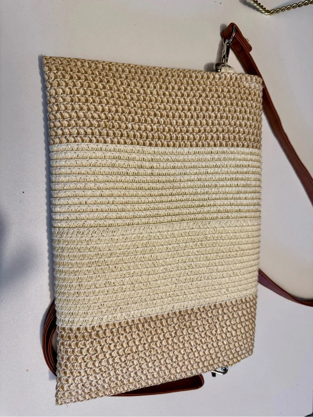 Woven Straw Tote Bag with Brown Strap - Neutral Cream/Beige